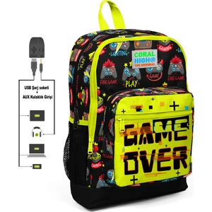 Coral High Kids Dört Bölmeli Siyah Fosforlu Sarı Ilkokul Çantası USB Şarjlı Kulaklık Çıkışlı 23828