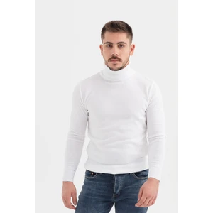 Tunahan Erkek Giyim Slimfit Kesin Düz Desen Tam Balıkçı Triko Kazak-Beyaz