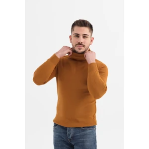 Tunahan Erkek Giyim Slimfit Kesin Düz Desen Tam Balıkçı Triko Kazak-Sarı