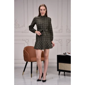 My Elif Tekstil Haki Ekoseli Beli Kuşaklı Kışlık Elbise