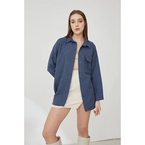 Lime Moda Tek Cep Detay Gömlek-Indigo