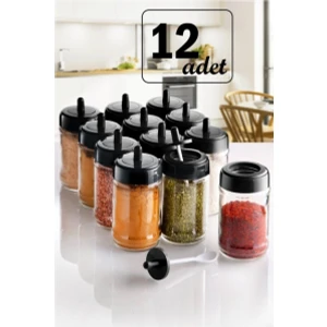 12 Adet Kapağı Kendinden Kaşıklı Baharatlık Seti - 300 ml Cam Kavanoz