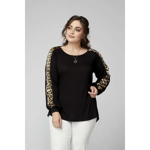 Moda Berray 1953 Siyah Uzun Kollu Kahve Leopar Desenli Büyük Beden Triko Bluz