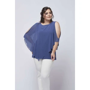 Moda Berray 4050 Indigo Taşlı Pelerinli Şifon Büyük Beden Şık Bluz