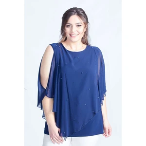 Moda Berray 4050 Lacivert Taşlı Pelerinli Şifon Büyük Beden Şık Bluz