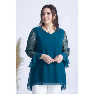 Moda Berray 1939 Petrol Kolu Dantel Pullu Şifon Büyük Beden Şık Bluz
