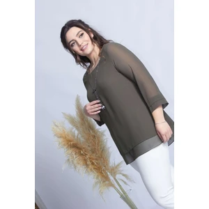 Moda Berray 1934 Haki Kolye Yakalı Şifon Büyük Beden Şık Bluz