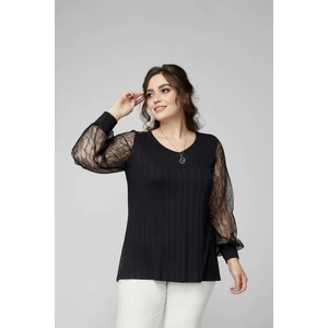 Moda Berray 1952 Siyah Kolu Dantelli Şık Esnek Büyük Beden Triko Bluz