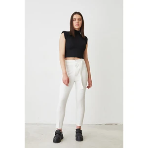 Lime Moda Kemerli Kumaş Pantolon-Ekru