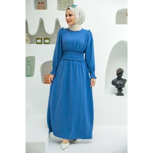 Neva Style - Lastikli Indigo Mavisi Tesettür Elbise 1300IM