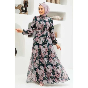 Neva Style - Çiçek Desenli Siyah Tesettür Elbise 279058S