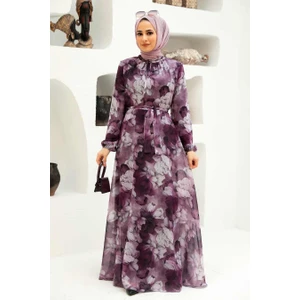 Neva Style - Çiçek Desenli Gül Kurusu Tesettür Elbise 279054GK