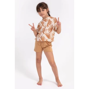 Yaprak Desenli Camel Kız Çocuk Şort Takım