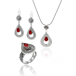 Midyat Nurtaş Gümüş Yakut Taşlı Damla Tasarım Telkari Gümüş Üçlü Set