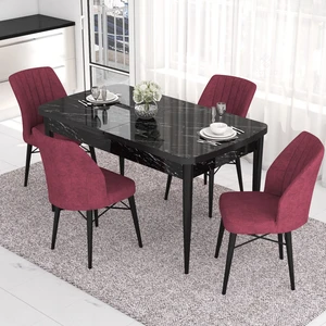 Concept Eva Serisi Mutfak Masa Takımı, Açılabilir 80X132 Mdf Siyah Mermer Desen Masa ve 4 Sandalye
