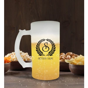 Kişiye Özel Çelenk Baş Harfli Isimli Buzlu Cam Bira Bardağı 50CL-6