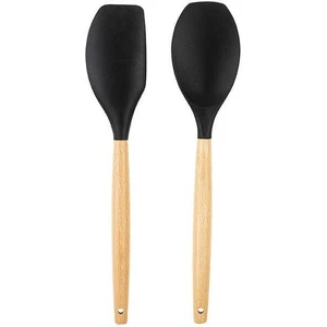 Bambu Saplı Siyah Renkli Silikon Büyük Kaşık ve Spatula Seti