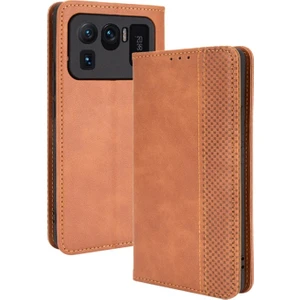 Xiaomi Mi 11 Ultra Için Cüzdan Detaylı Stand Tasarım Manyetik Kapaklı Vintage Deri Telefon Kılıfı - Kahverengi (Yurt Dışından)