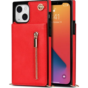 Apple iPhone 13 Için Pu Deri Standlı Omuz Askılı Fermuarlı Cüzdan Kılıf - Kırmızı (Yurt Dışından)