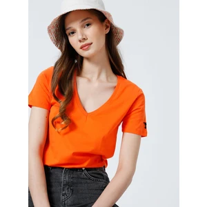 Teyo V Yaka Basic Düz Turuncu Kadın T-Shirt