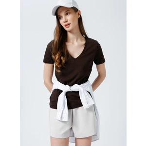 V Yaka Düz Kahve Kadın T-Shirt TEYO