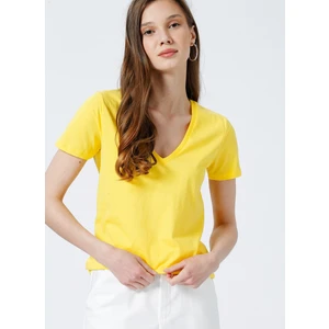 V Yaka Düz Sarı Kadın T-Shirt TEYO