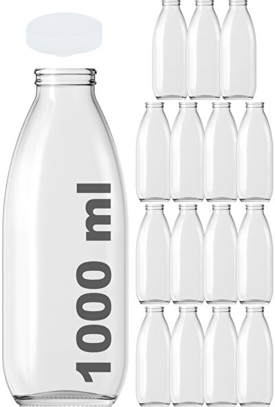 Afracam Süt Ayran Şişesi Şeffaf 1000 ml Plastik Kapaklı Boş Cam Şişe 15 Adet