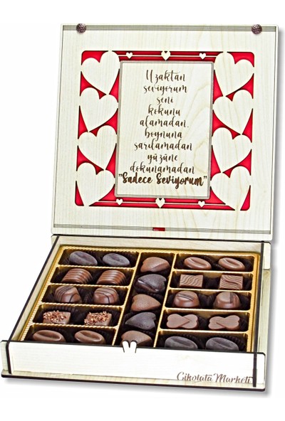 Çikolata Marketi Uzaktan Seviyorum Seni... Şiirli ve Kalpli Hediyelik Ahşap Kutulu Çikolata