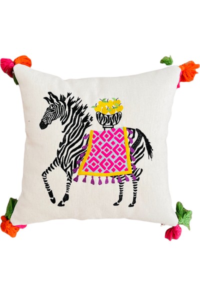 Ge Living Dekoratif Zebra Desenli Kırlent Kılıfı - Safari Serisi Krem Keten Yastık Kılıfı