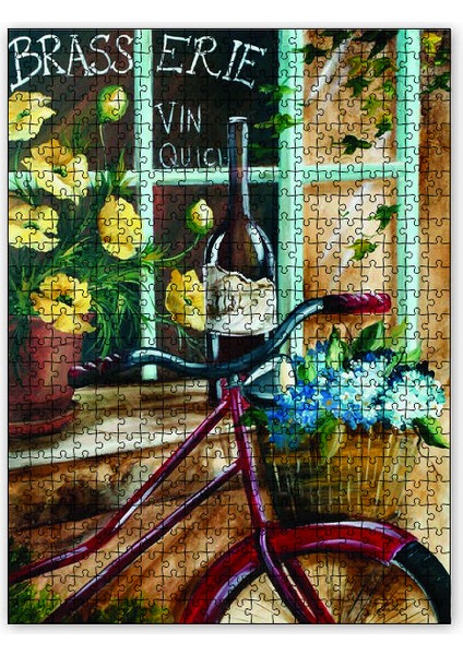 Birahane Önünde Bisiklet Şarap Şişesi 120 Parça Puzzle Yapboz Mdf (Ahşap)