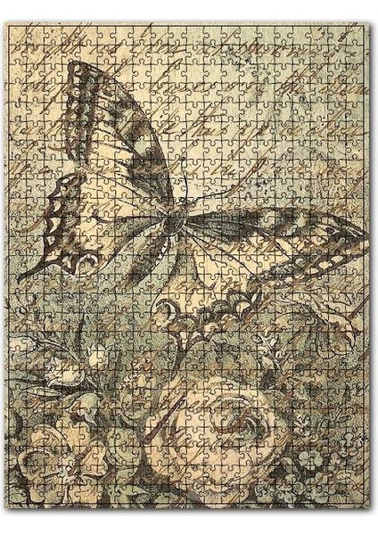 Eski Kart Postalda Kelebek Çiçek Görseli 120 Parça Puzzle Yapboz Mdf (Ahşap)