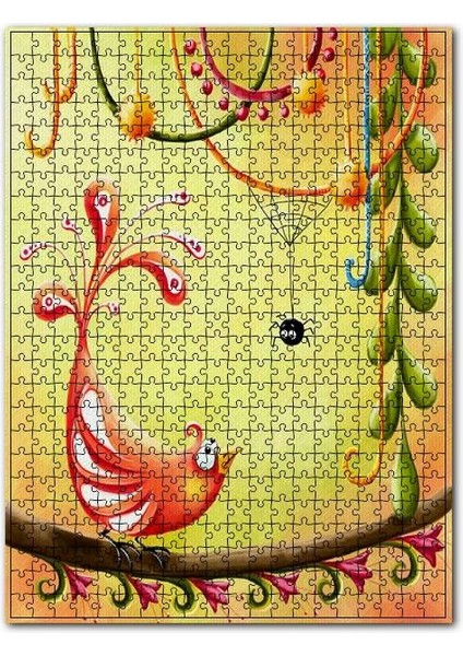 Minyatür Boyama Daldaki Kuş ve Örümcek 120 Parça Puzzle Yapboz Mdf (Ahşap)