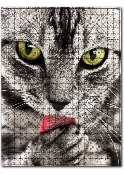 Patisini Yalayan Sevimli Tekir Kedi 255 Parça Puzzle Yapboz Mdf (Ahşap)