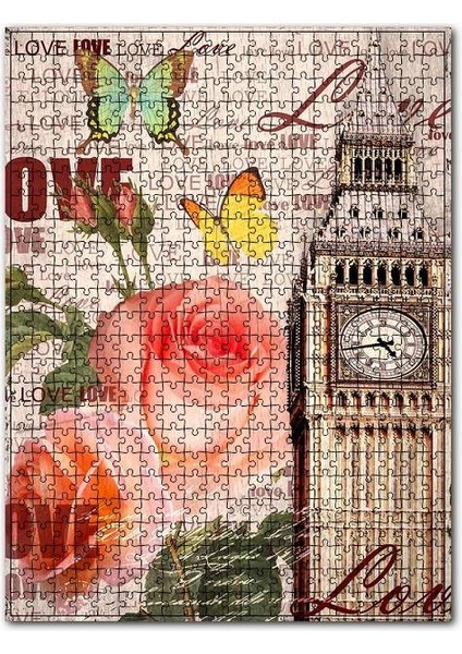 Londra Saat Kulesi Gül Kelebek Görsel 120 Parça Puzzle Yapboz Mdf (Ahşap)