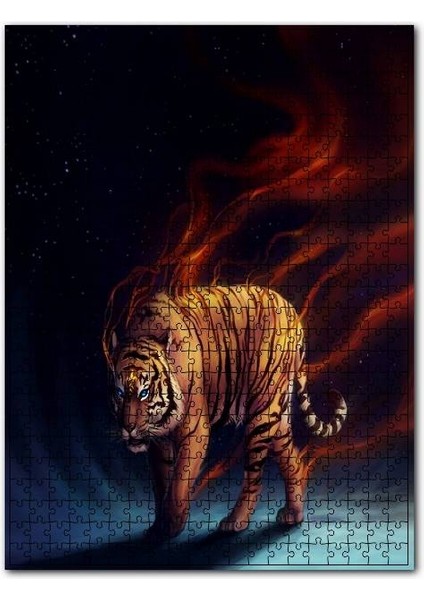 Ateş Saçan Kaplan Mavi Gece 120 Parça Puzzle Yapboz Mdf (Ahşap)