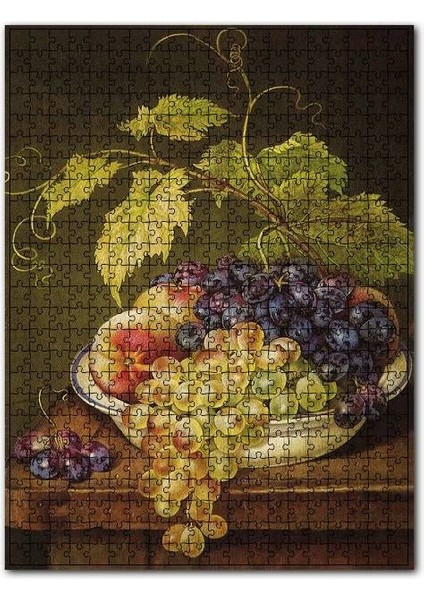 Tabakta Siyah Beyaz Üzüm ve Şeftali Görseli 120 Parça Puzzle Yapboz Mdf (Ahşap)