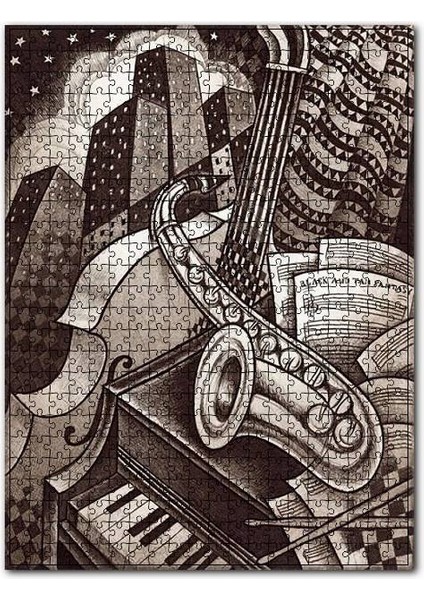 Saksafon Piyano Şehir Figürü Görseli 120 Parça Puzzle Yapboz Mdf (Ahşap)
