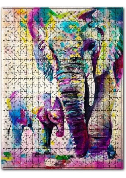 Yağlı Boya Fil ve Yavrusu Görseli 120 Parça Puzzle Yapboz Mdf (Ahşap)