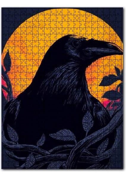Eski Ay Işığında Kara Karga Görseli 120 Parça Puzzle Yapboz Mdf (Ahşap)