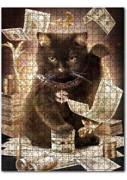 Zengin Kedi Desenli Görsel 120 Parça Puzzle Yapboz Mdf (Ahşap)