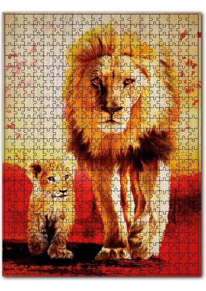 Aslan ve Yavrusu Görseli 120 Parça Puzzle Yapboz Mdf (Ahşap)