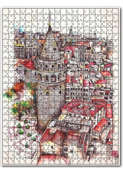 Retro Istanbul Galata Kulesi Tarz Görsel 255 Parça Puzzle Yapboz Mdf (Ahşap)