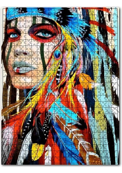 Renkli Kızılderili Kız Tarz Görseli 120 Parça Puzzle Yapboz Mdf (Ahşap)