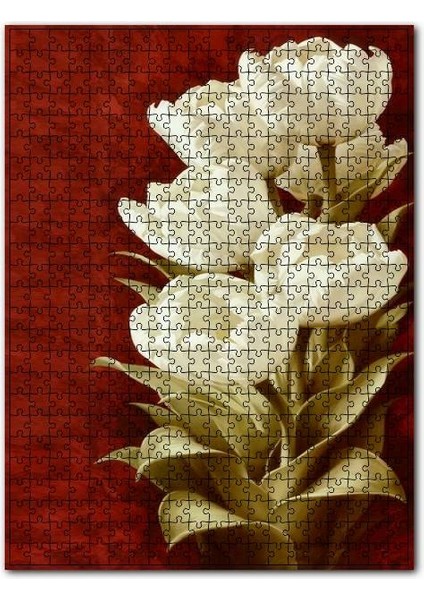 Beyaz Çiçekler Kırmızı Arkaplan 255 Parça Puzzle Yapboz Mdf (Ahşap)