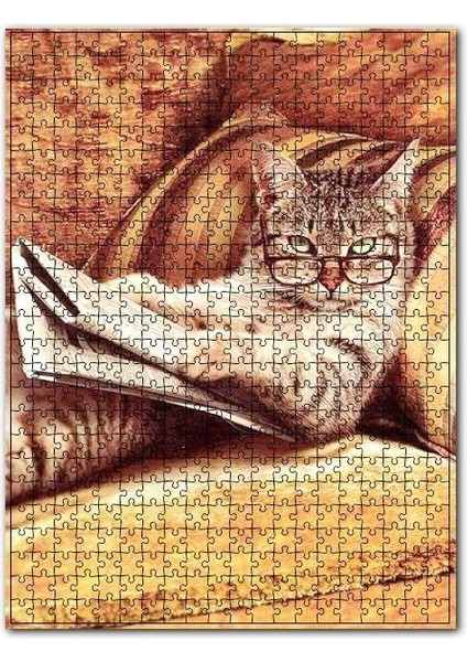 Gezete Okuyan Kedi Desenli Görsel 120 Parça Puzzle Yapboz Mdf (Ahşap)