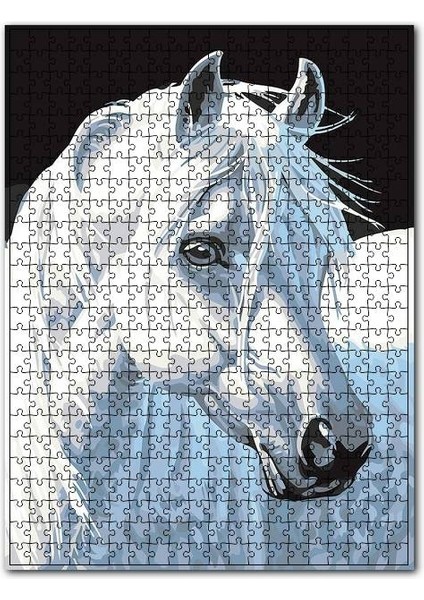 Siyah Zeminde Beyaz At Görseli 120 Parça Puzzle Yapboz Mdf (Ahşap)