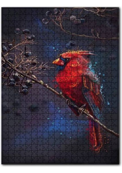 Daldaki Kırmızı Kardinal Kuşu ve Siyah Meyveler 120 Parça Puzzle Yapboz Mdf (Ahşap)