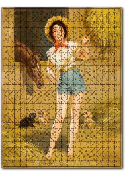 Ahırda Şortlu Binici Kız ve Hayvanlar 120 Parça Puzzle Yapboz Mdf (Ahşap)