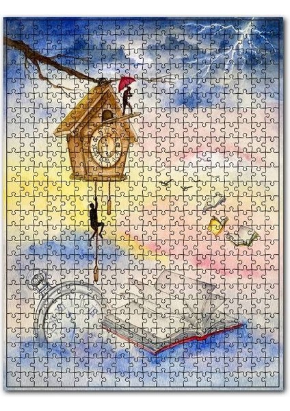 Zamanın Sınırında Kitap ve Saatler 1000 Parça Puzzle Yapboz Mdf (Ahşap)