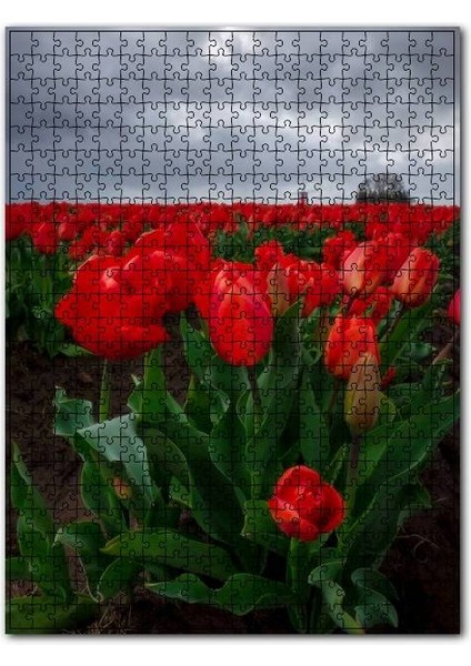 Bulutlu Gökler, Lale Tarlası ve Uzakta Yeldeğirmeni 120 Parça Puzzle Yapboz Mdf (Ahşap)